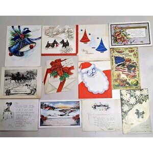 Christmas Card & Postcard Lot of 12 Vtg ephemera collector Santa trees Art Deco